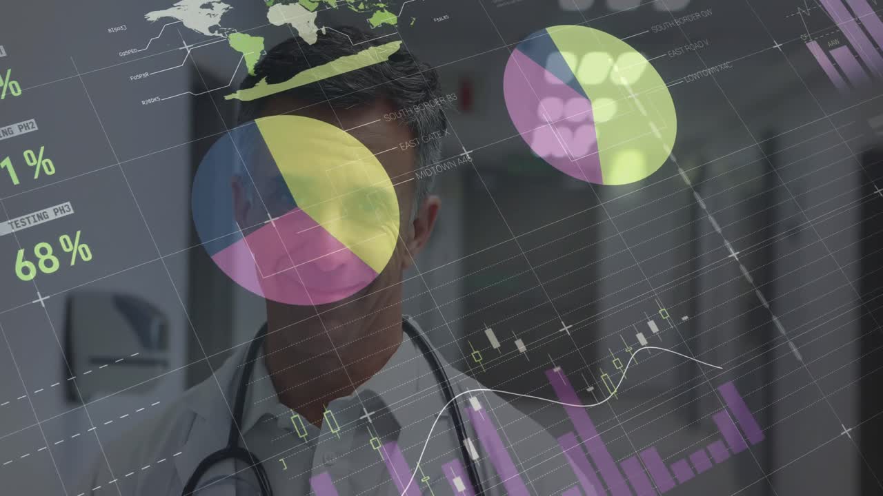Animation of statistics and data processing over male doctor