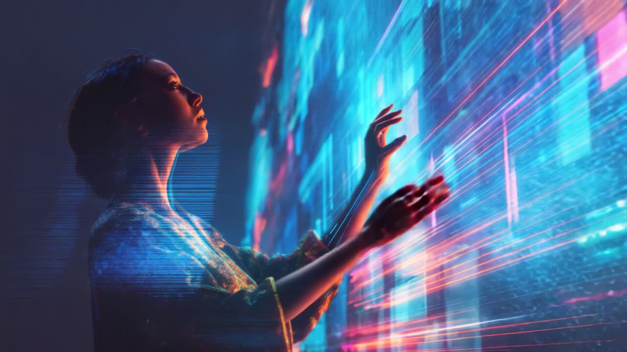 A woman interacts with a vibrant, illuminated digital interface, her fingers gracefully touching a wall of radiant light, showcasing the fusion of technology and human creativity in a futuristic environment