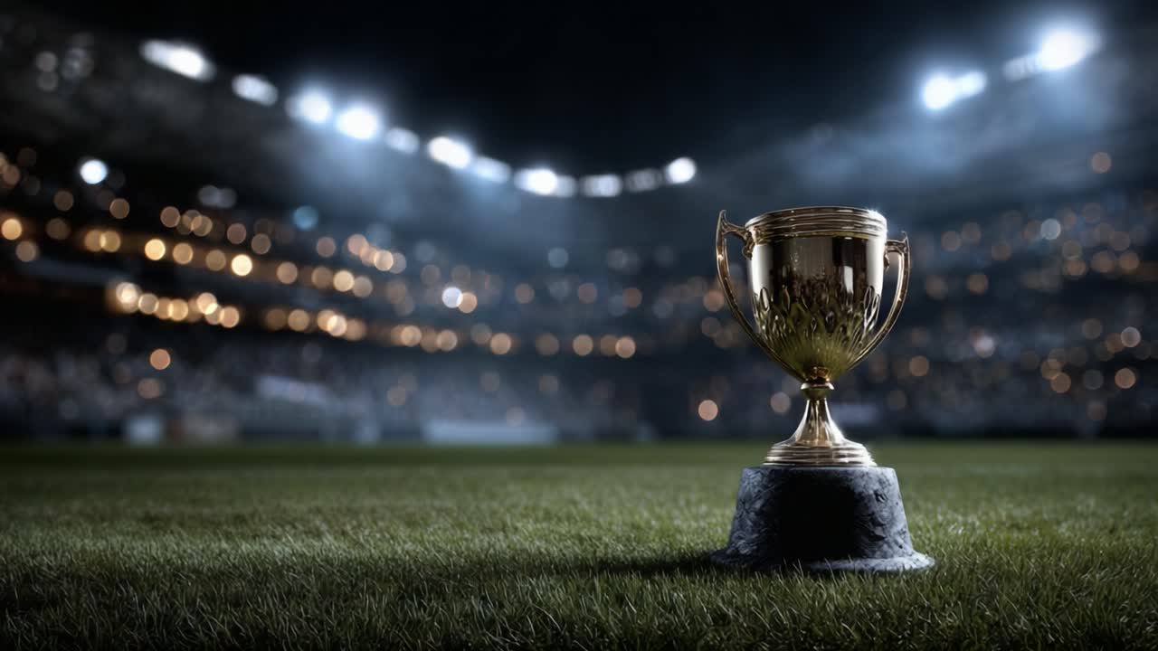 A Glorious Trophy Awaits Recognition on the Field, Sparkling Under Stadium Lights, Symbolizing Triumph and Excellence in Competitive Sports