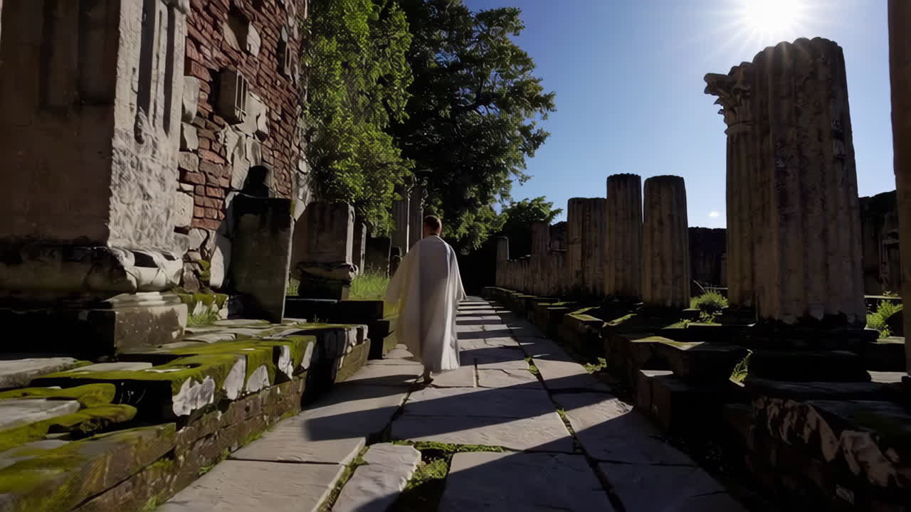 Monk Walking Through Ancient Ruins