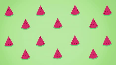 Animation-of-single-watermelons-floating-on-green-background