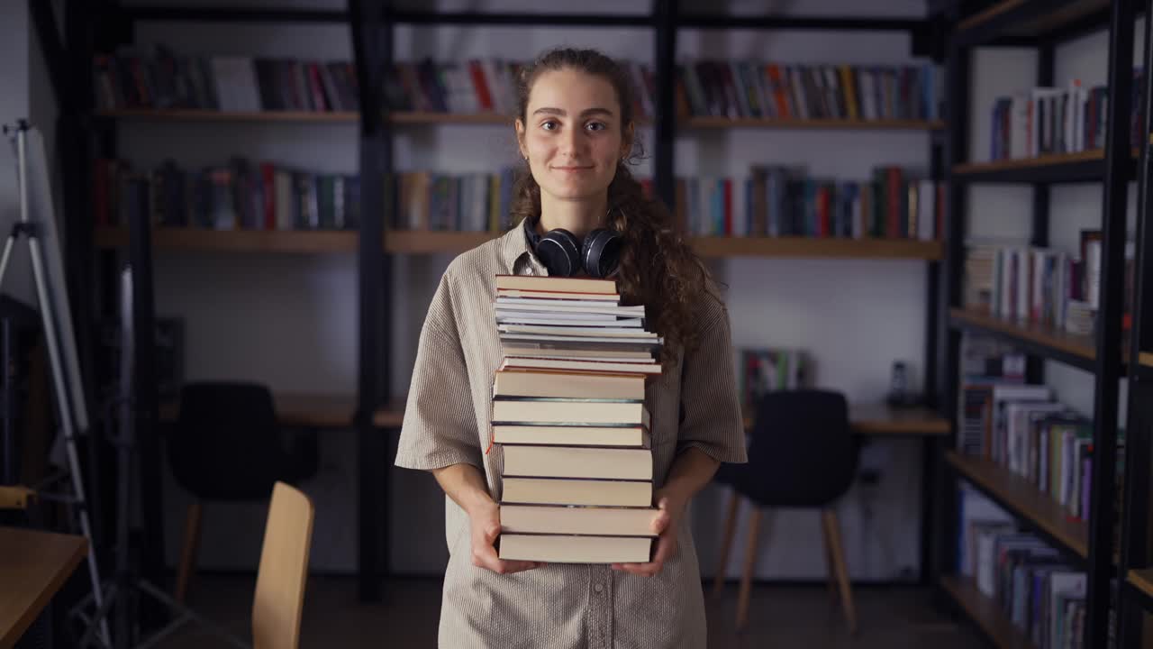 estudiante sonriente sosteniendo muchos libros en la biblioteca, preparándose para los exámenes