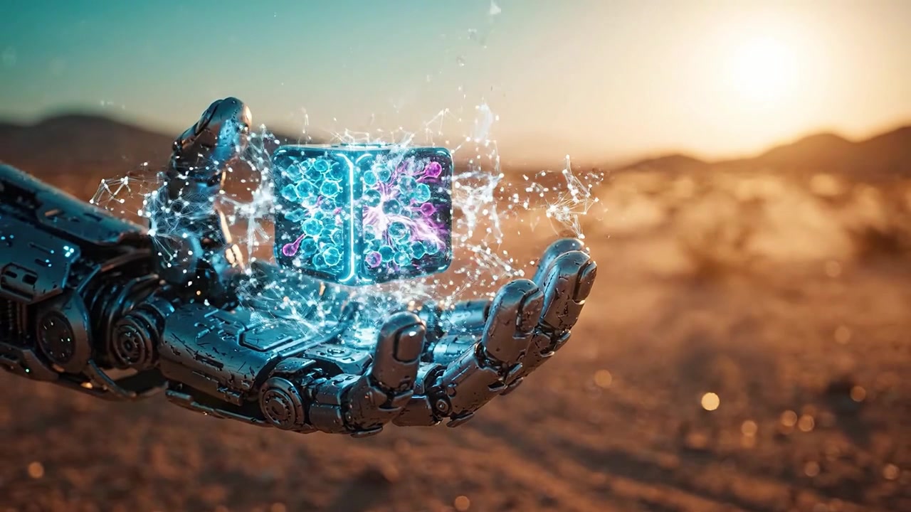 A futuristic robotic hand holds a glowing cube emitting vibrant energy, set against a stunning sunset in a desert landscape, symbolizing technology and innovation.
