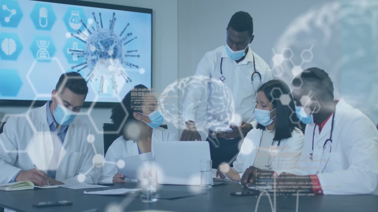Animation of medical data over diverse of doctors in face masks discussing in office