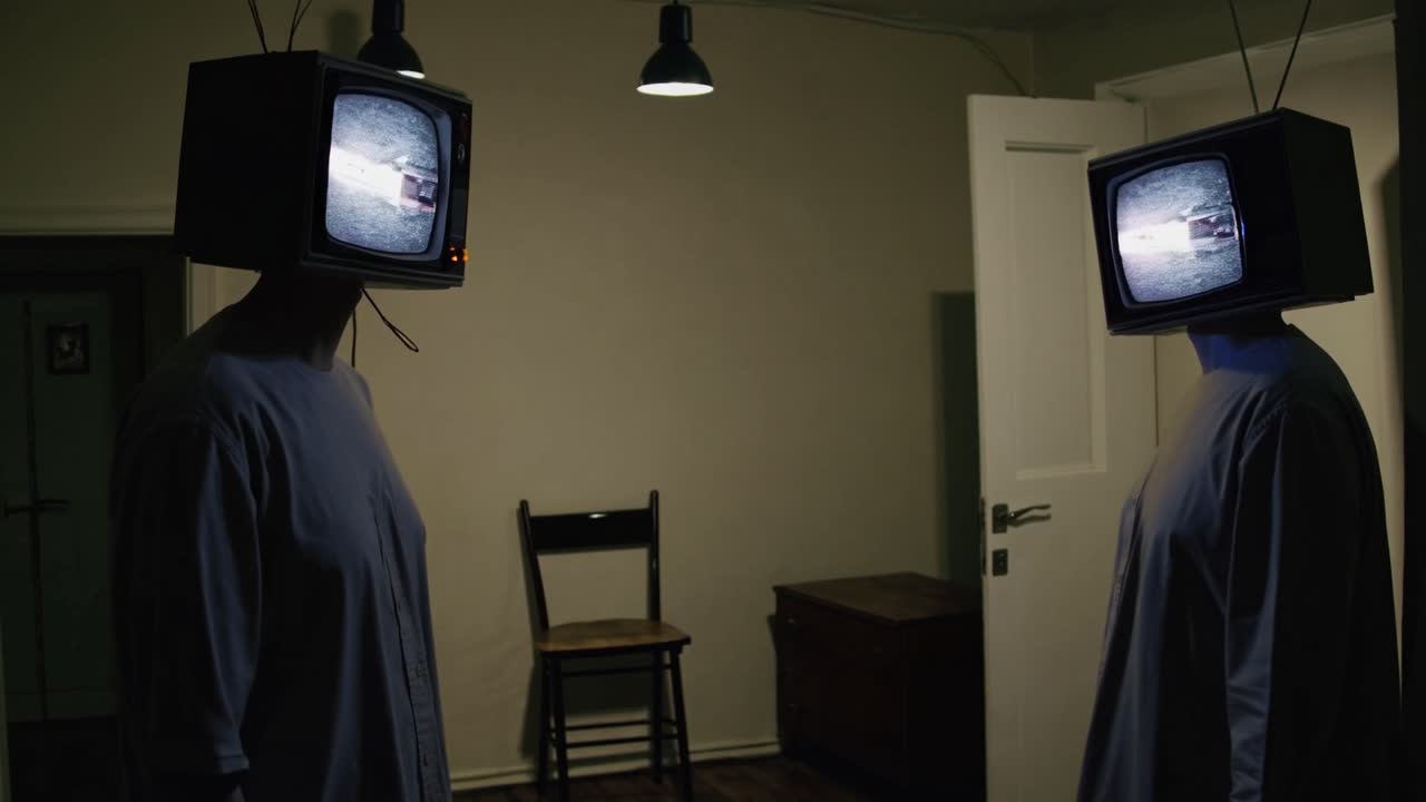 Two figures with TV screens for heads interact in a dimly lit room, creating a surreal atmosphere that explores themes of technology and identity transformation