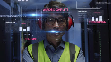 animation of statistics processing over asian male it engineer with headphones by computer server