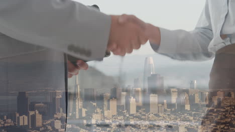 animation of businessman handshake over cityscape