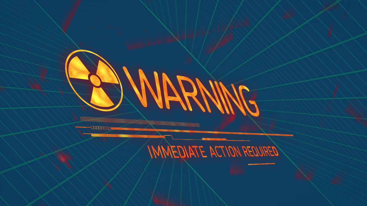 Radiation warning sign reading Immediate Action Required on blue background