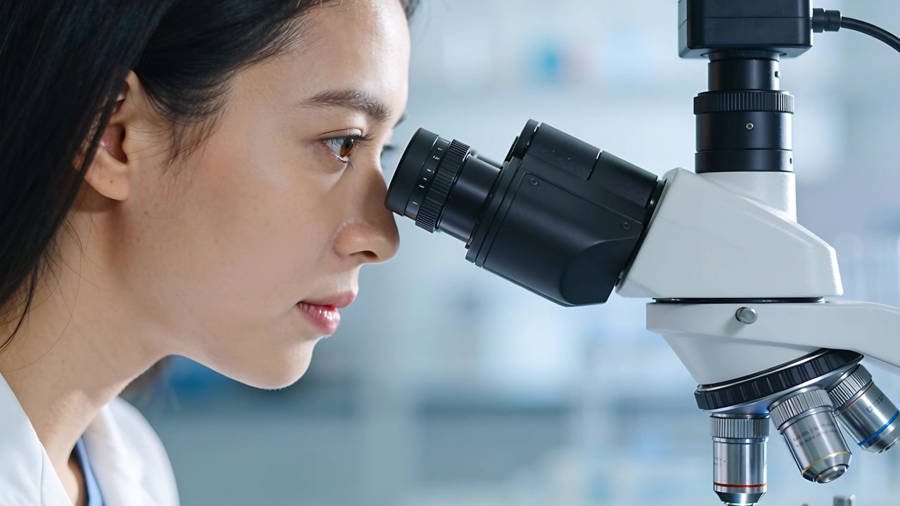 白衣の女性が、研究室で顕微鏡の接眼レンズに身をかがめ、頭の位置を調整しながらスライドを検査している。