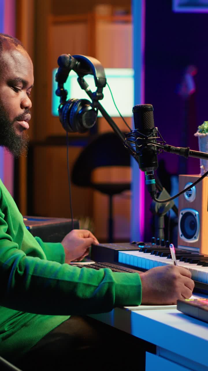 Afroamerikansk musiker skriver noder og synger i studiet