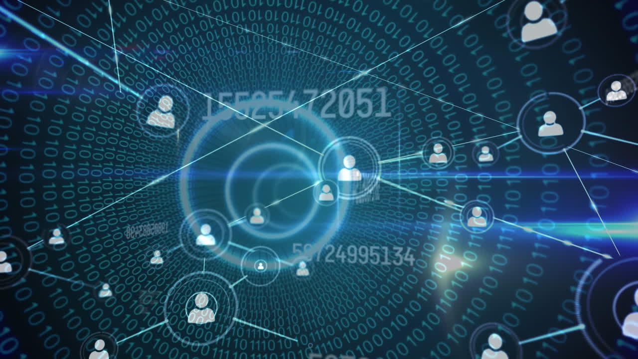 animación de la red de conexiones con procesamiento de datos y senderos de luz sobre fondo negro