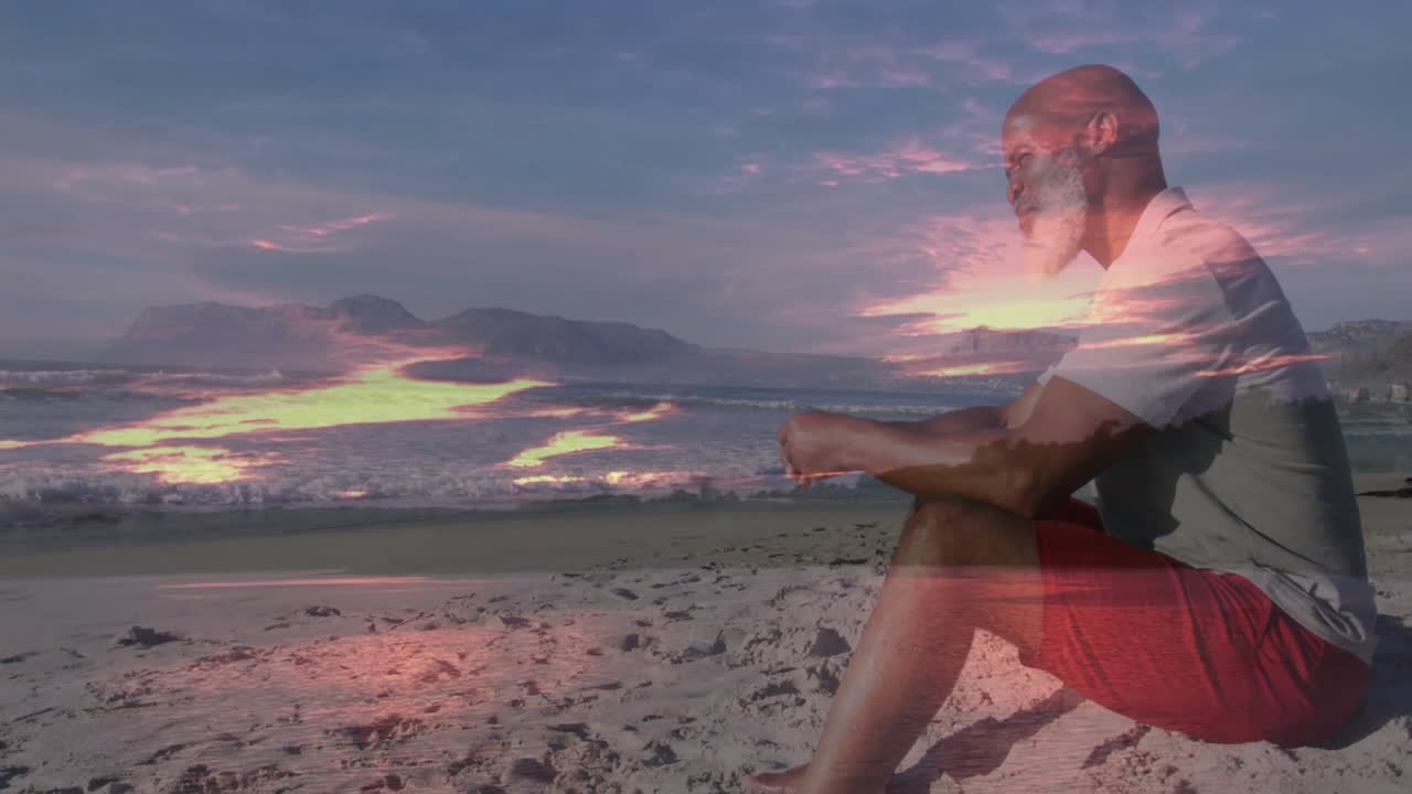 Man practicing meditation on sandy sunset beach, with animated heart icon and health chart overlay