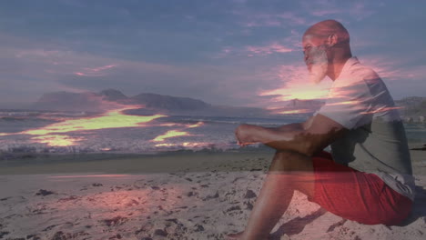 man practicing meditation on sandy sunset beach, with animated heart icon and health chart overlay