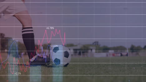 Kicking soccer ball on grassy field, financial graph animation overlay visible