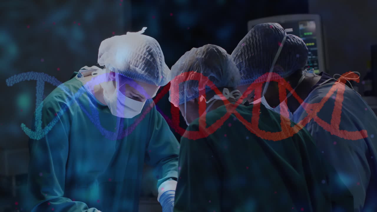 DNA strand animation overlay in operating room with surgeons performing surgery