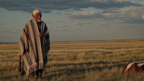 elderly man and horse in a plains landscape