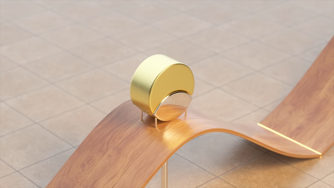 나무 램프 아래로 굴러가는 황금과 은의 기하학적 모양