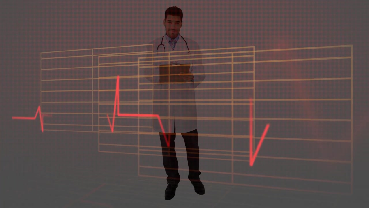 Medico che esamina una cartella clinica con pannelli ECG che scorrono e forme d'onda ECG che si ripetono per il monitoraggio.