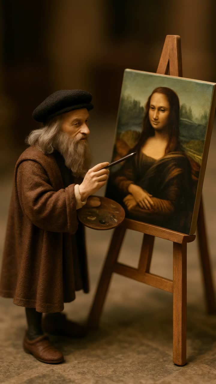 A low-angle video still of a bearded artist painting on an easel, capturing a classic and timeless