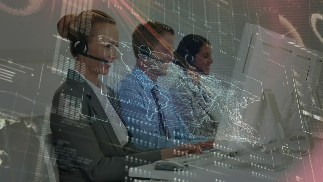 animazione dell'elaborazione dei dati finanziari su uomini d'affari che lavorano in ufficio