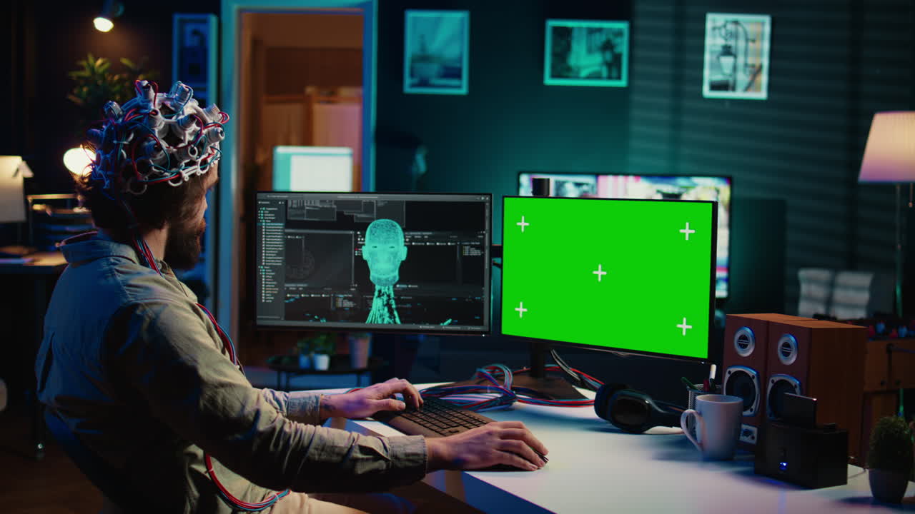 Computer engineer starting mind upload process using green screen PC