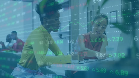 animation of financial data processing over diverse business people in office
