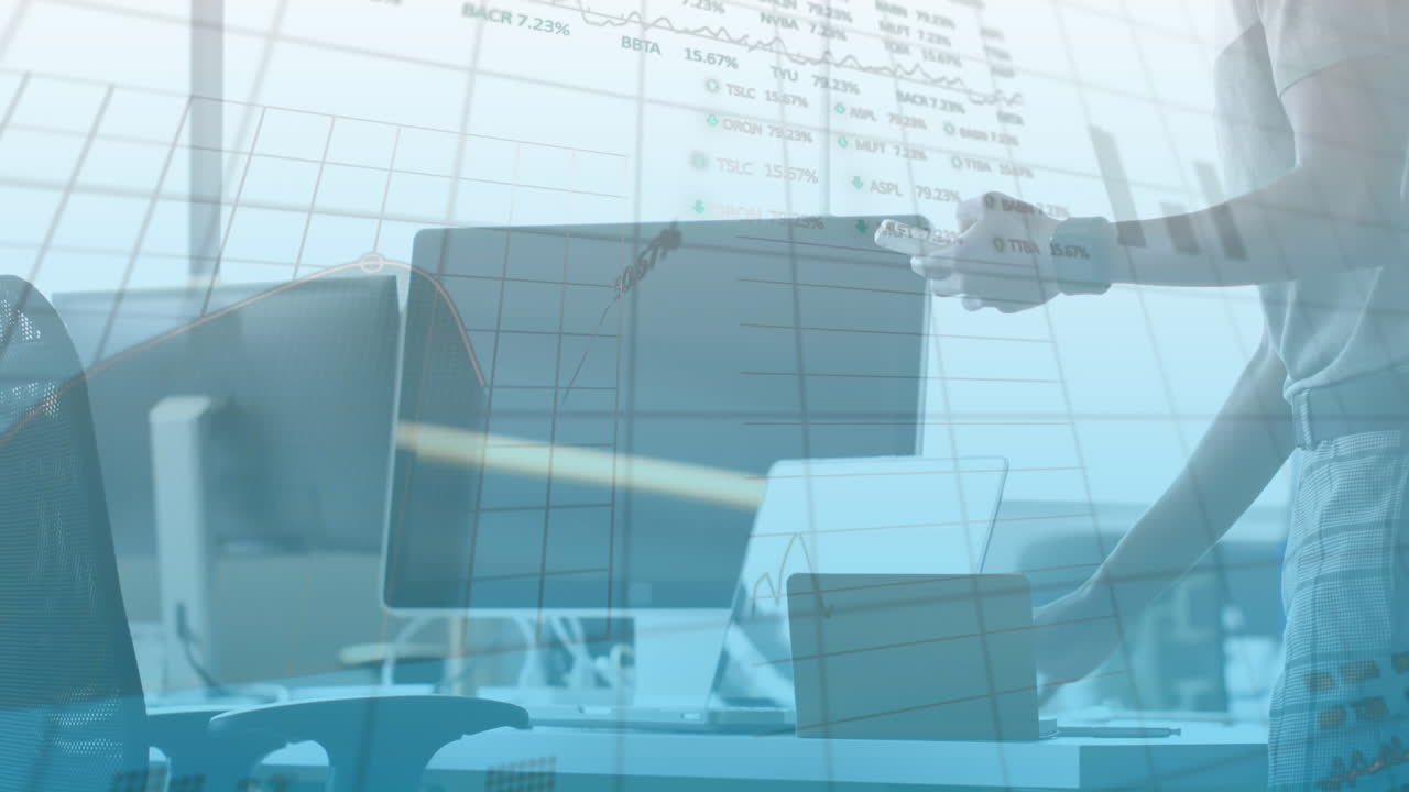 Animation of stock market data processing over mid section of woman using digital tablet at office