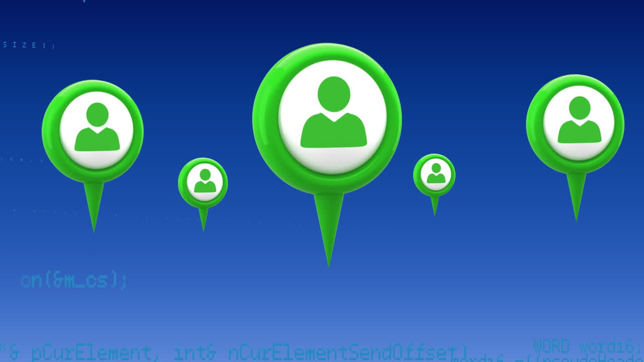 códigos de programa y iconos de perfil con alfileres de mapa