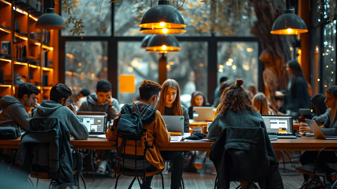 Students collaborating in comfort. A group of students collaborates on laptops in a warm, inviting study area filled with books and soft lighting