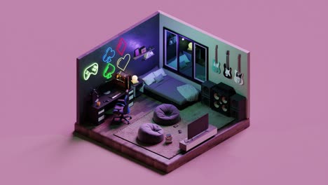 Bedroom gamer room with neon light. 3D isometric animation render