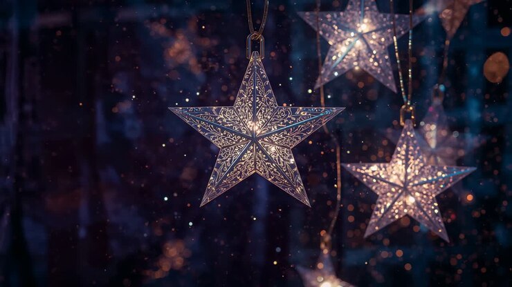 LEDs activating filigree star in dark interior, festive glow, stars flickering, particles drifting