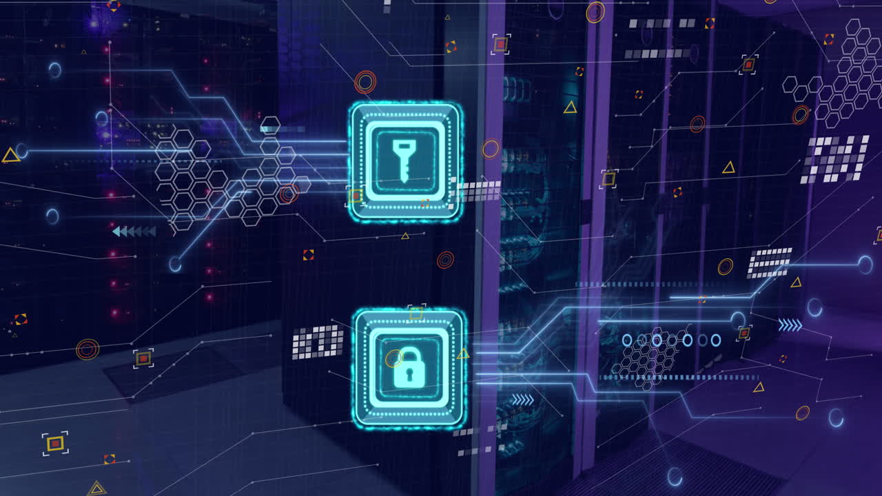 Animation of padlock and key over circuit board pattern over server rack in server room