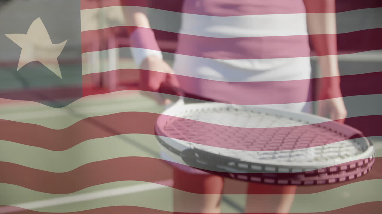 woman holding tennis racket standing on tennis court, displaying health with animated flag overlay