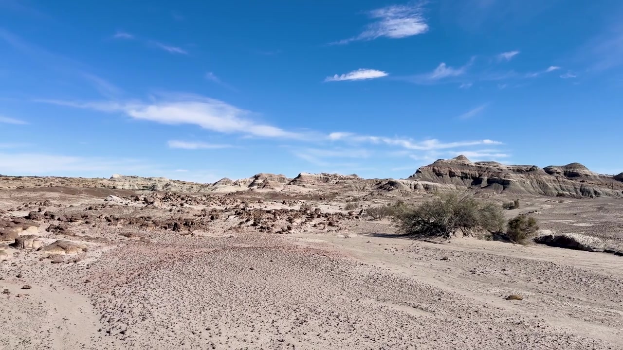 Ampia inquadratura panoramica del paesaggio desertico arido e delle formazioni rocciose erose nel Parco Provinciale di Ischigualasto, San Juan, Argentina.