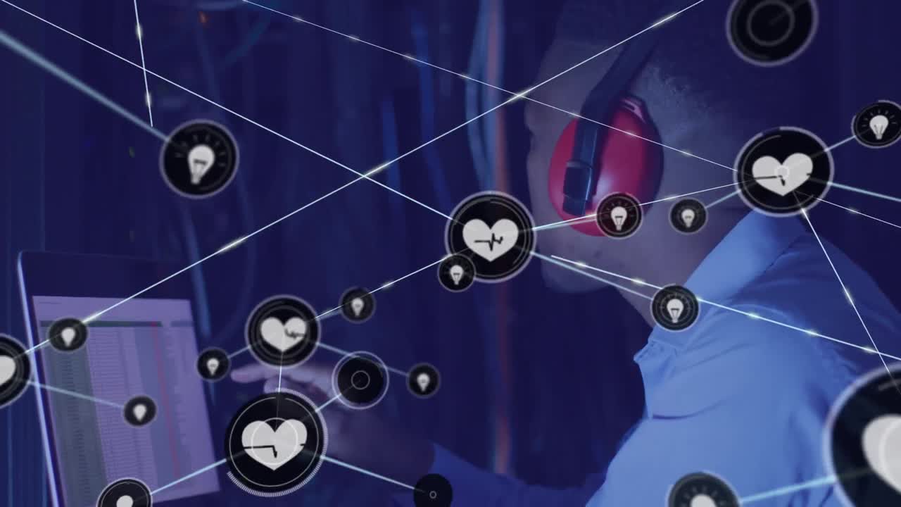 서버  ⁇ 에 노트북을 가진 아프리카계 미국인 남자의 연결 네트워크의 애니메이션