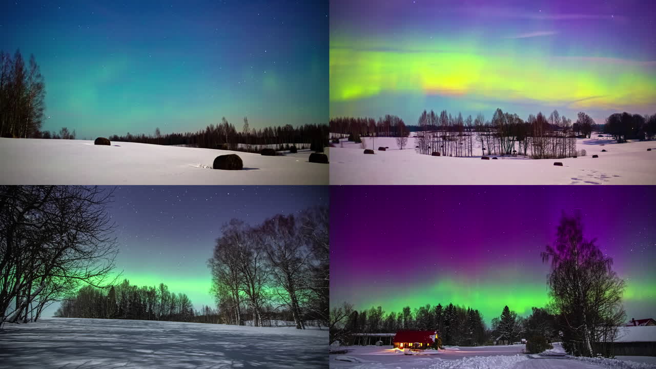 aurora boreal sobre el paisaje rural de invierno, lapso de tiempo de fusión, cuatro clips mixtos