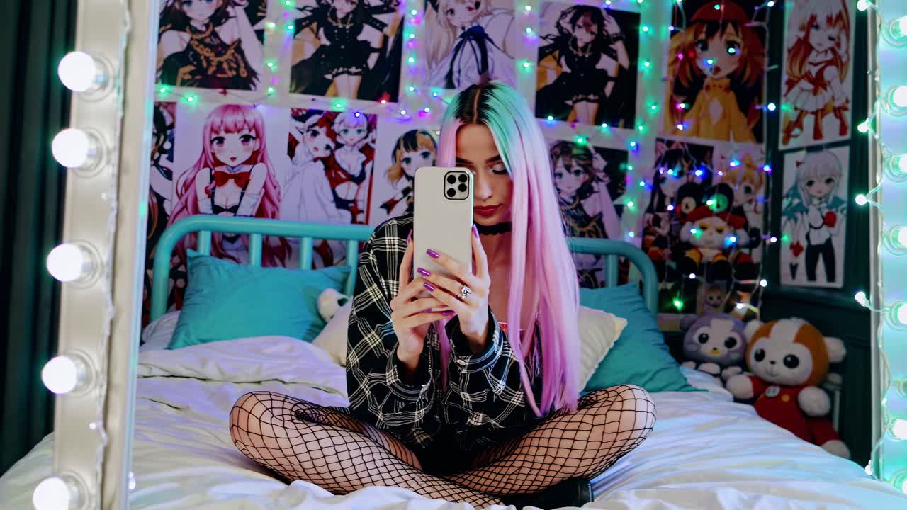 una mujer joven tomando una selfie en un acogedor dormitorio con temática de anime