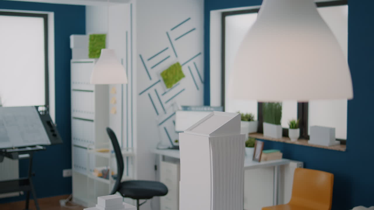 Close up of building model and maquette design on table to create urban structure