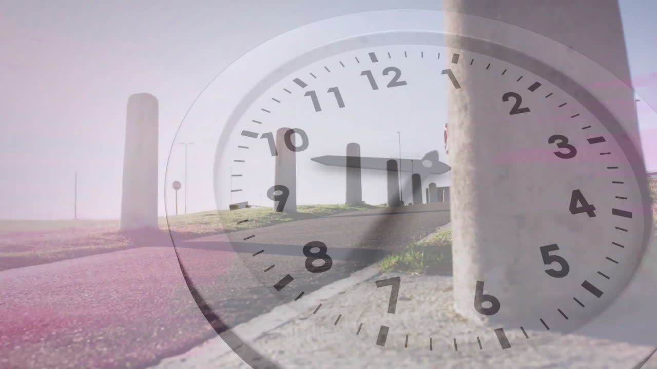 바쁜 도시 위에서 시계가 뛰는 애니메이션