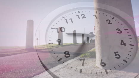 animation of clock ticking over busy city