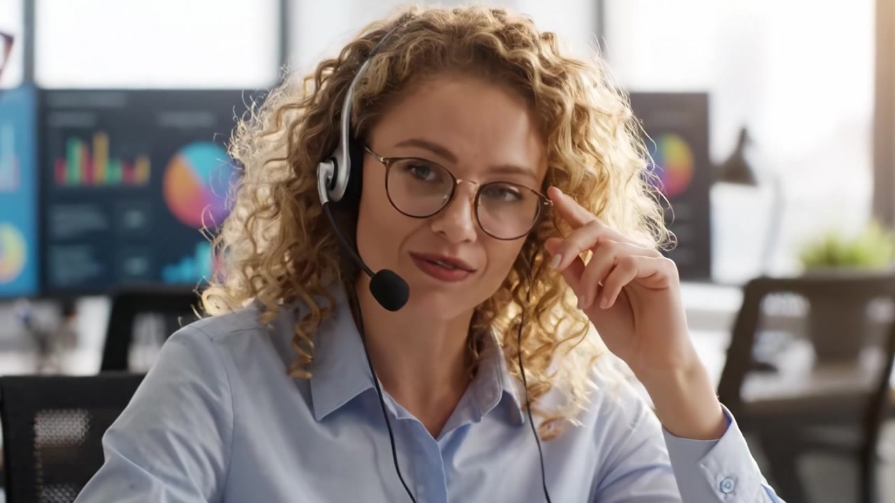 Zaujatý zástupce zákaznického servisu se sluchátky poskytující podporu v moderním prostředí call centra, zatímco analyzuje data na dvou monitorech.