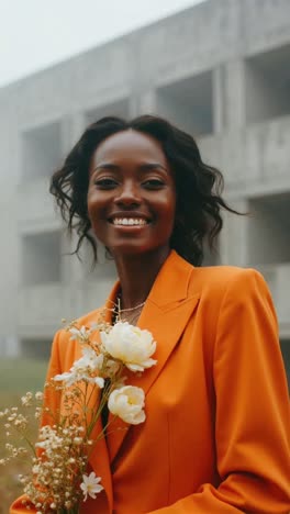 stylish woman in orange blazer with flowers