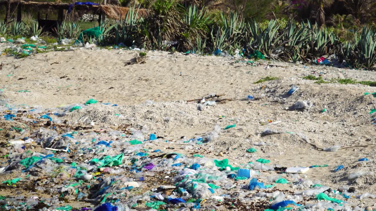Devastating pollution lines the beach at Bãi Chuối banana point Thung Beach Vietnam. Unacceptable environmental damage