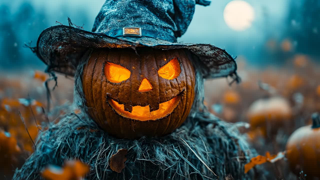 Carved Halloween pumpkin wearing witch hat in field. Jack o lantern with glowing orange eyes and mouth dressed in straw and tattered hat at night