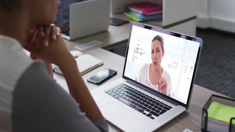 African-american-woman-having-a-video-conference-on-laptop-with-female-office-colleague-at-office