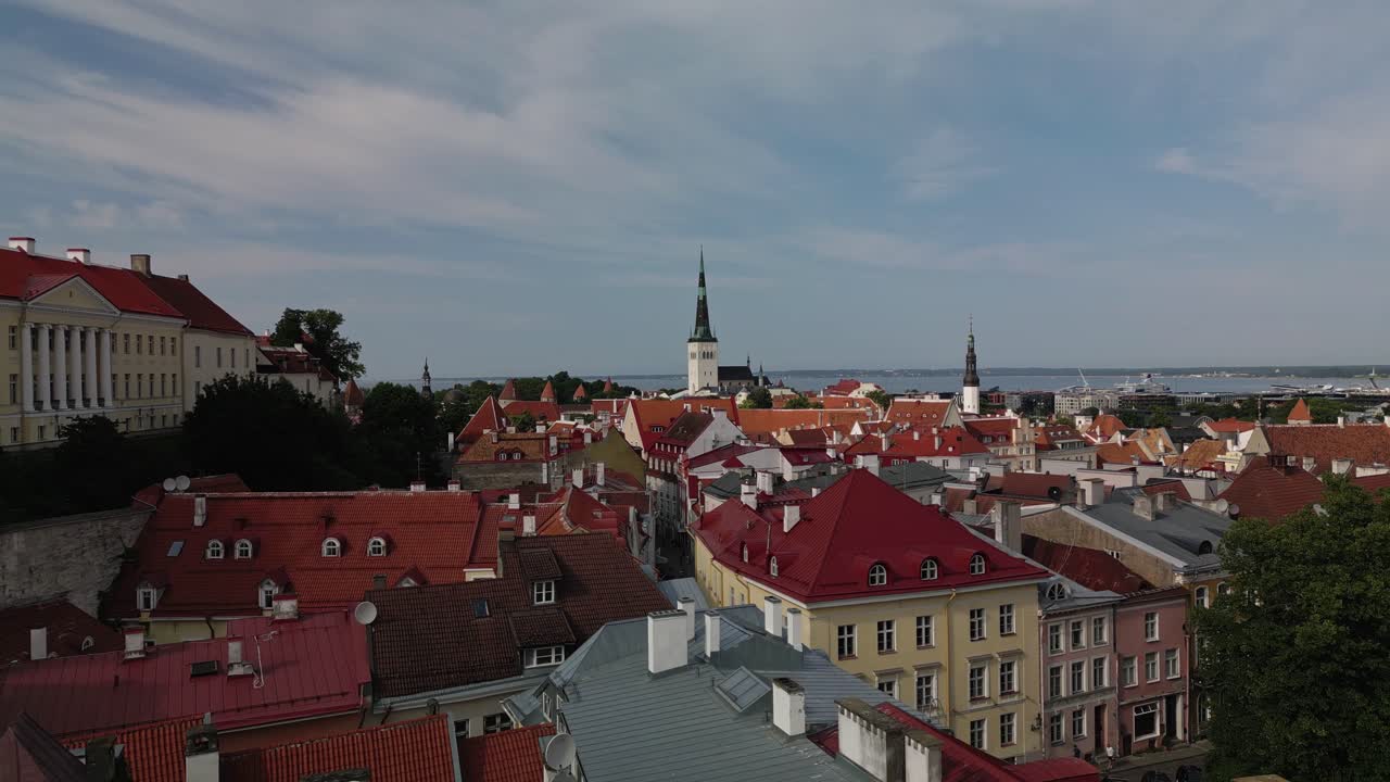 Flying over Tallinn Old Town this drone video captures vibrant red rooftops and intricate narrow streets showcasing centuries of medieval architecture and urban design