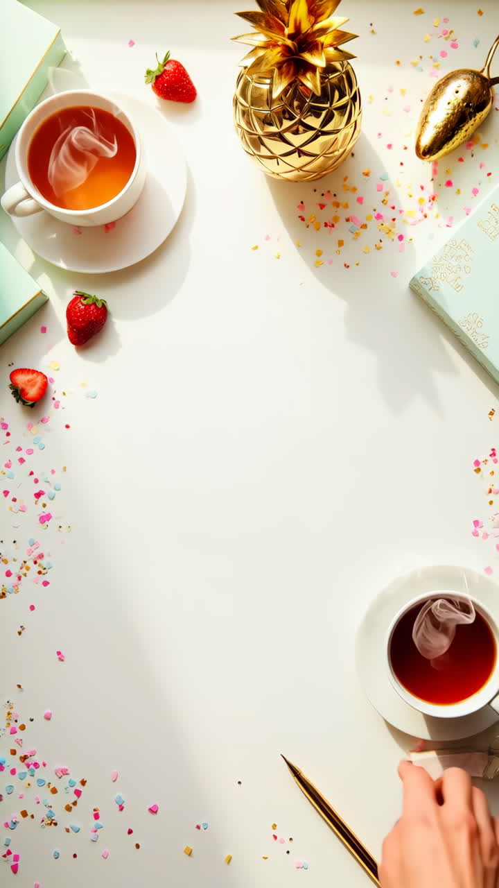 Festive Tea Time Flat Lay with Golden Decorations and Strawberries