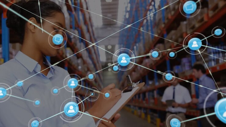 Animazione di una rete di connessioni con icone su diversi professionisti che lavorano in un magazzino