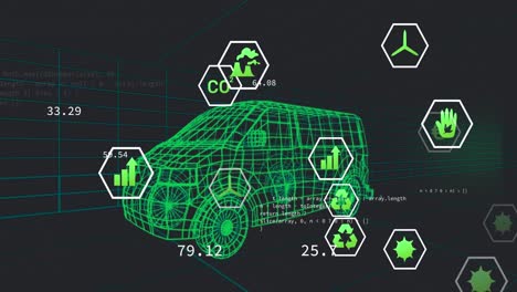animación de la interfaz digital del coche y los iconos eco sobre el modelo 3d del coche