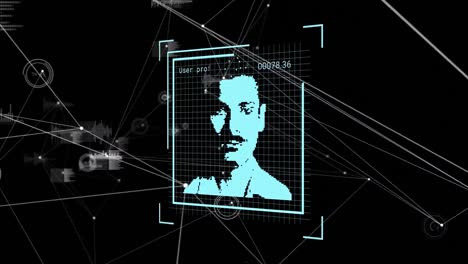 multiple changing profile icons over network of connections and data processing on black background